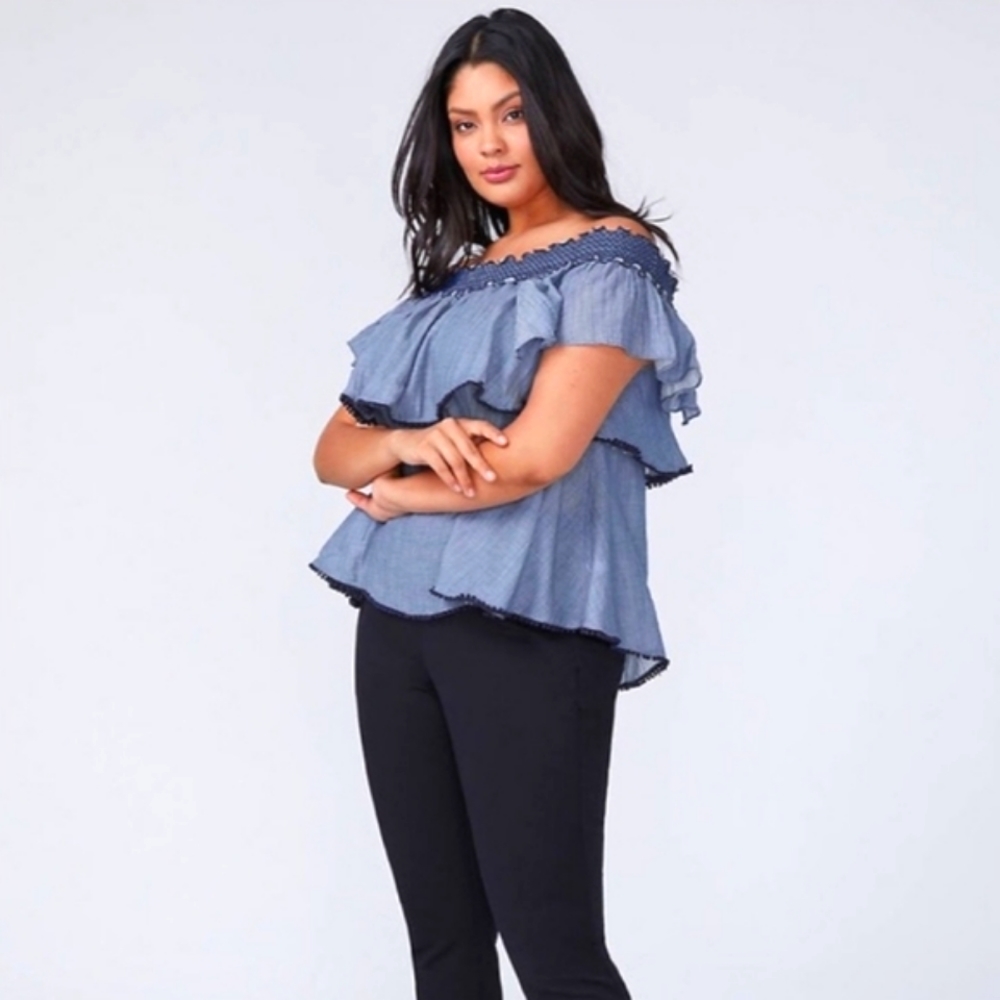 Lane Bryant Off Shoulder Peasant Blouse Crinkled Chambray Tiered Ruffle 18/20 2X